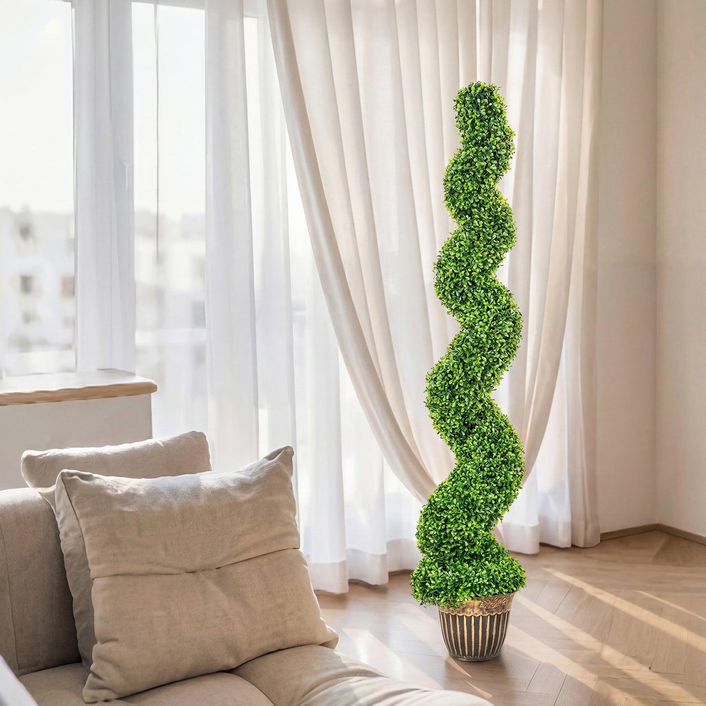 Set of 2 Potted Artificial Plants, Topiary Spiral Boxwood Trees