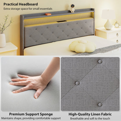 Floating Bed Frame with RGB Lights, Upholstered King Size Bed, Grey