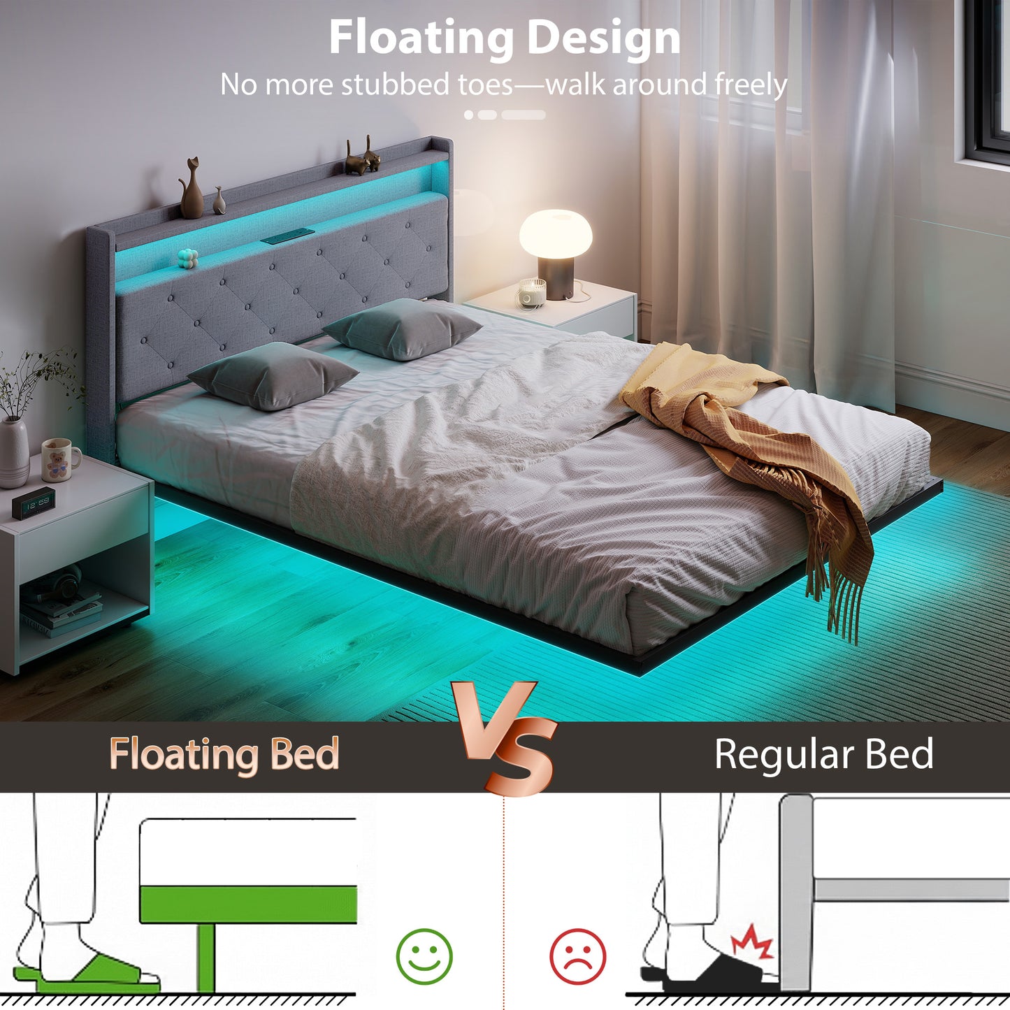 Floating Bed Frame with RGB Lights, Upholstered King Size Bed, Grey
