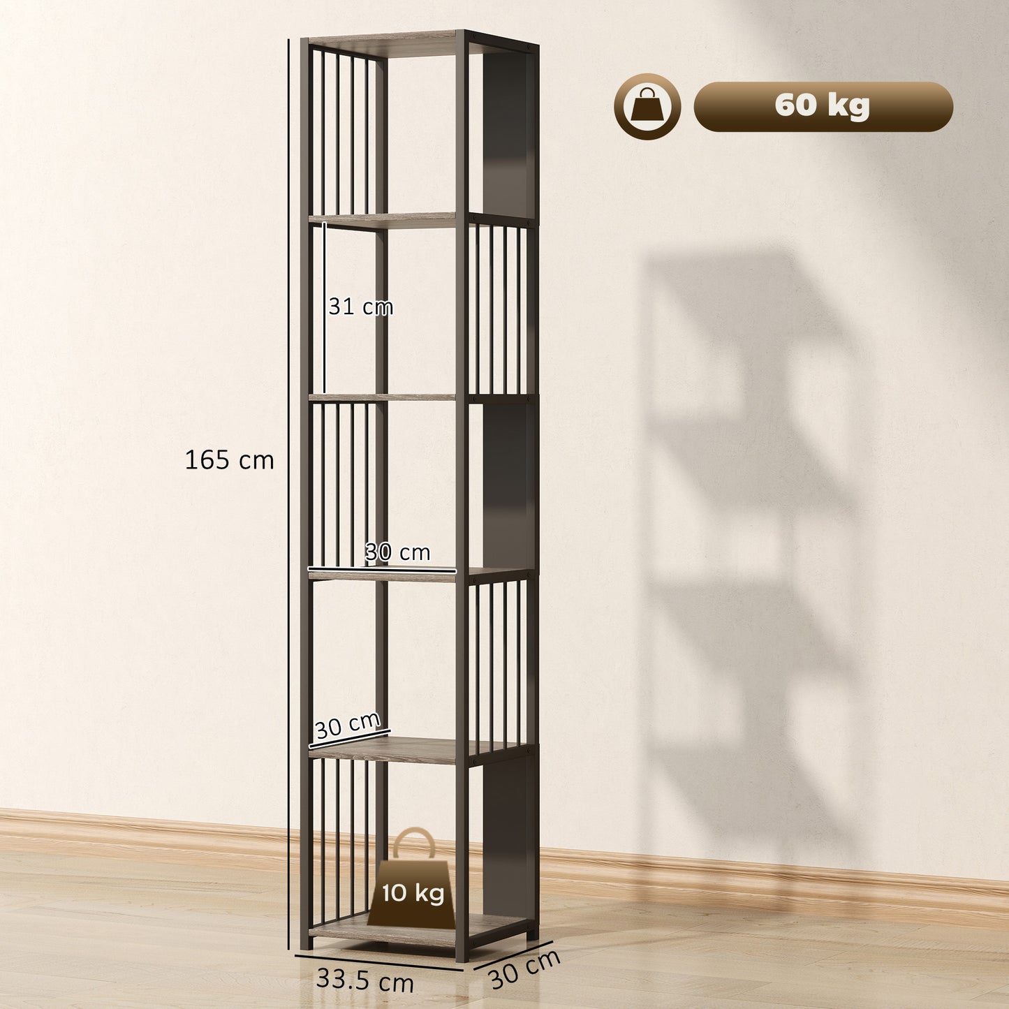 5-Tier Bookshelf, Freestanding Display Storage Unit, Grey