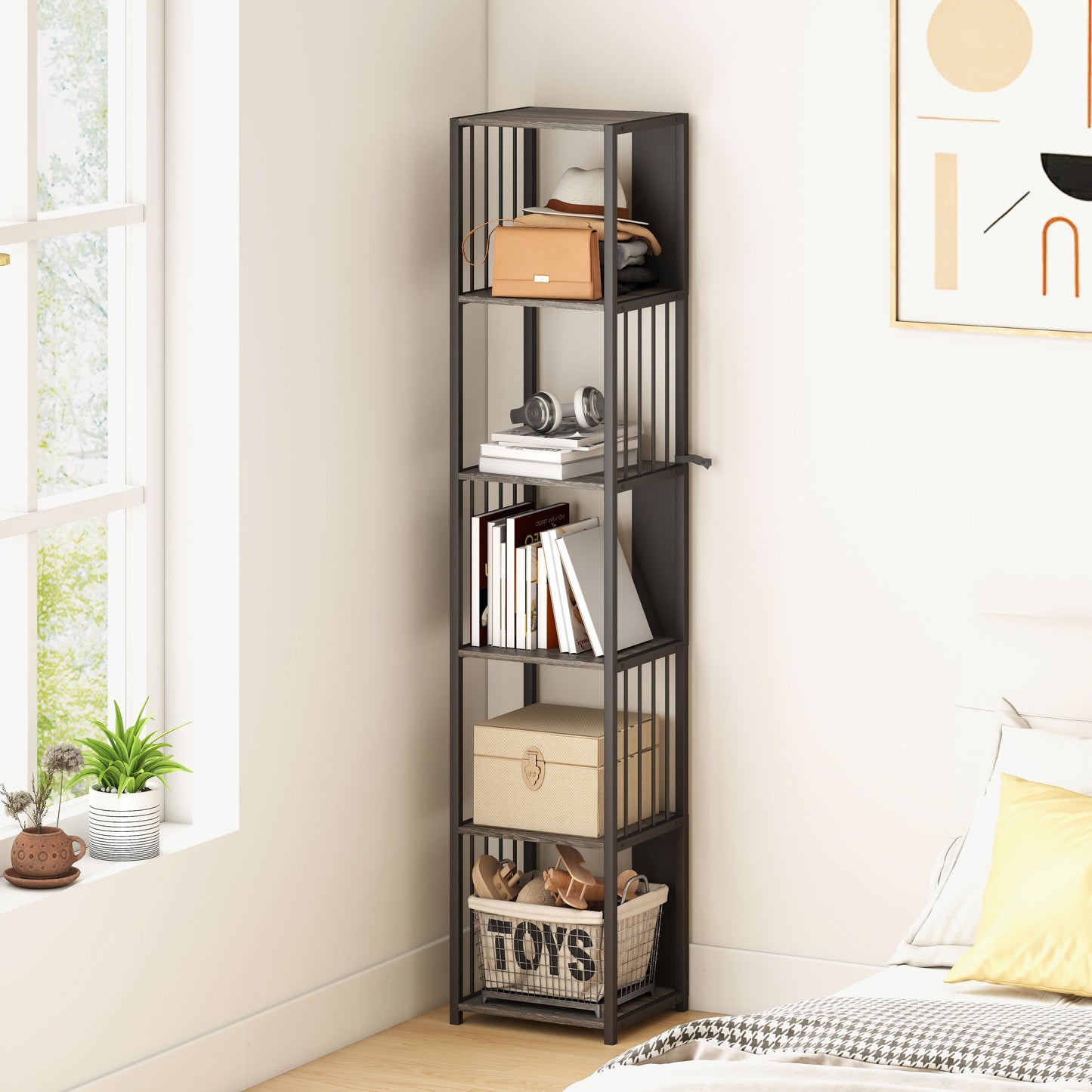 5-Tier Bookshelf, Freestanding Display Storage Unit, Grey