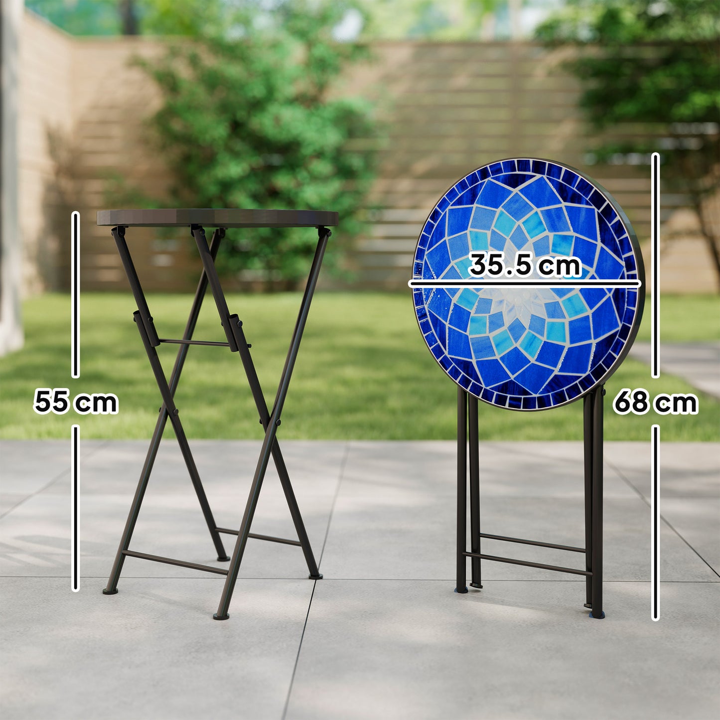 Mosaic Garden Table, 35.5cm Folding Coffee Table, Navy Blue