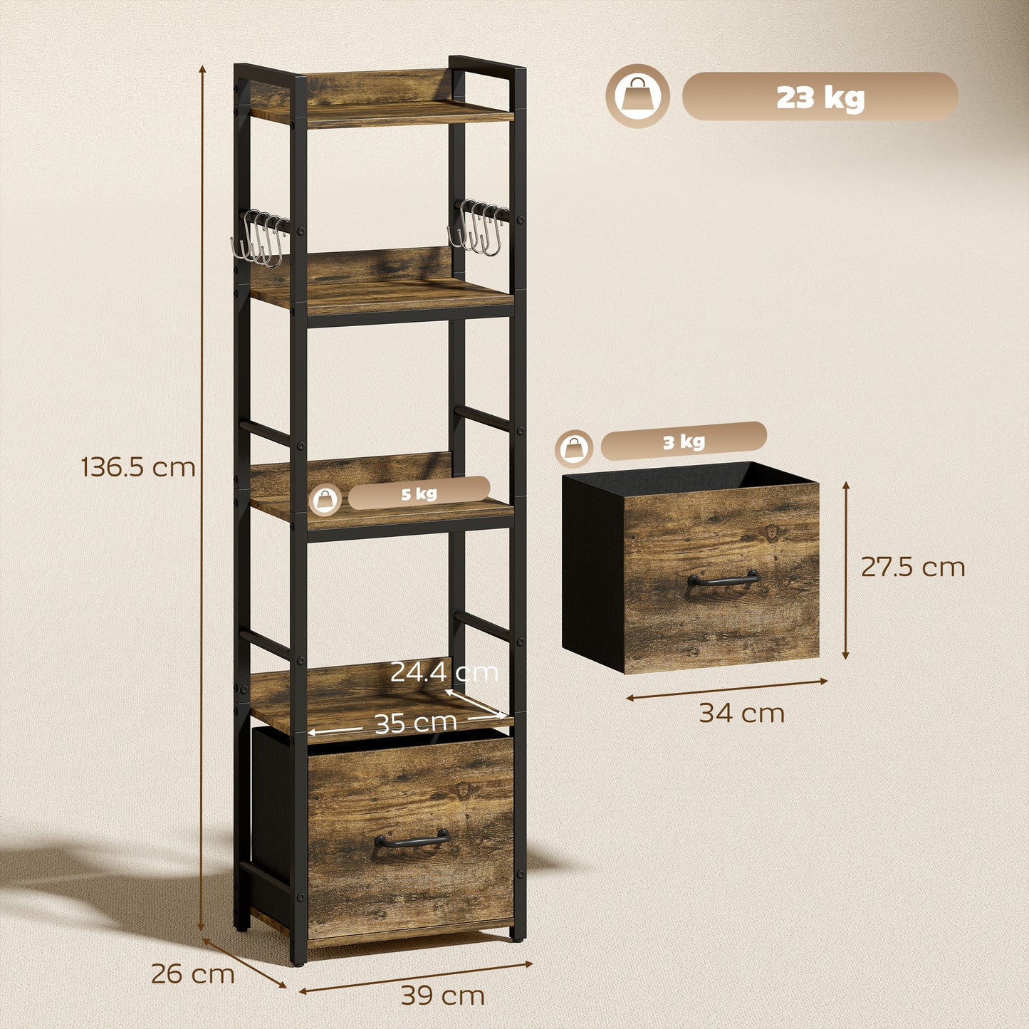 4-Tier Bookshelf, Shelving Unit with Drawer, 8 Hooks, Rustic Brown