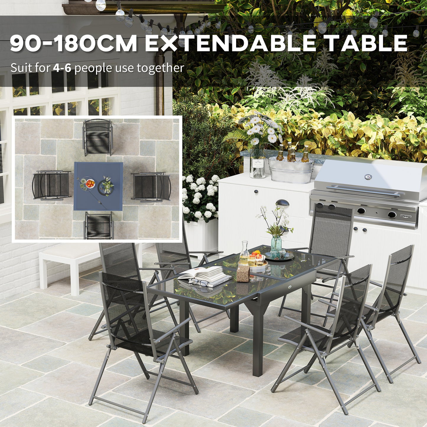 7 Piece Outdoor Dining Set w/ Extendable Table and 6 Folding Chairs