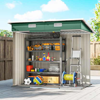 7 x 4ft Outdoor Storage Shed with Foundation Kit, Lean to Metal Garden Shed for Log, Rubbish Bin, Tool, Lawnmower, Bike, Patio Use, Green