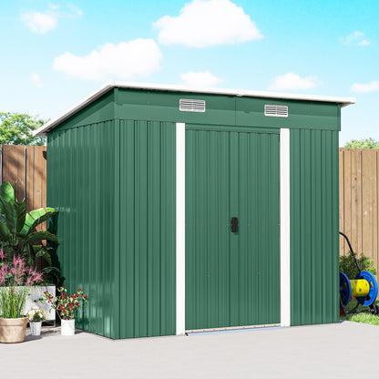 7 x 4ft Outdoor Storage Shed with Foundation Kit, Lean to Metal Garden Shed for Log, Rubbish Bin, Tool, Lawnmower, Bike, Patio Use, Green