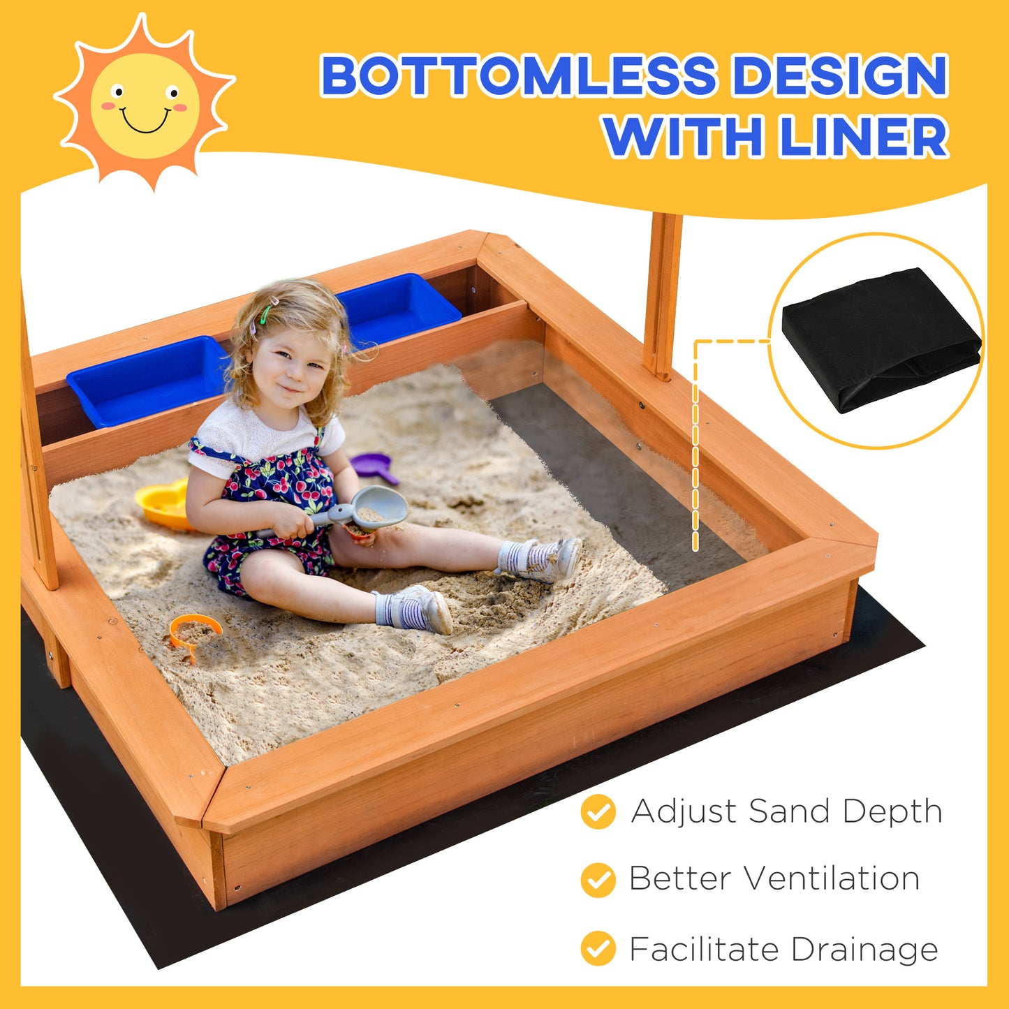 Kids Wooden Sandbox Sand Pit Height Adjustable with Canopy Basins
