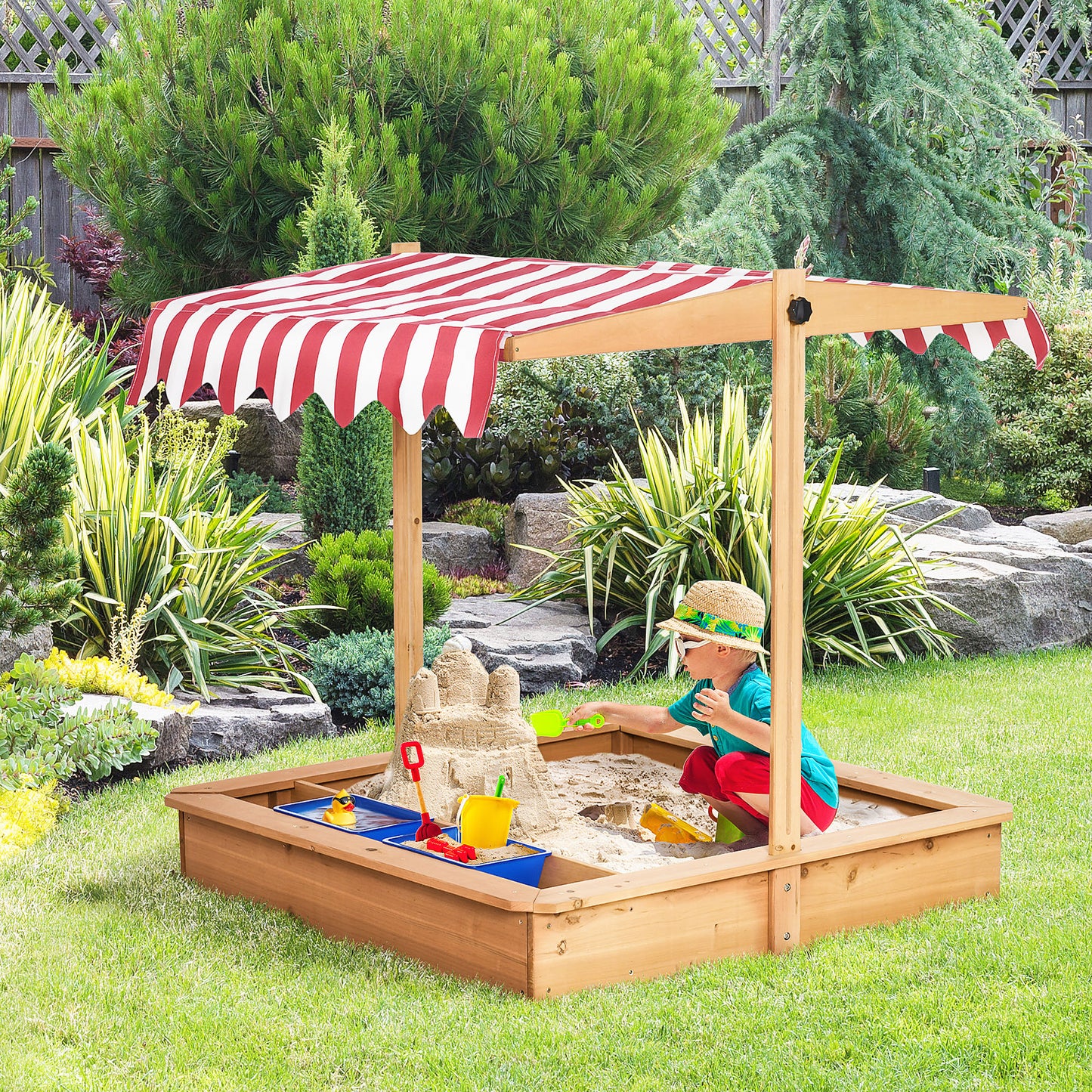 Kids Wooden Sandbox Sand Pit Height Adjustable with Canopy Basins