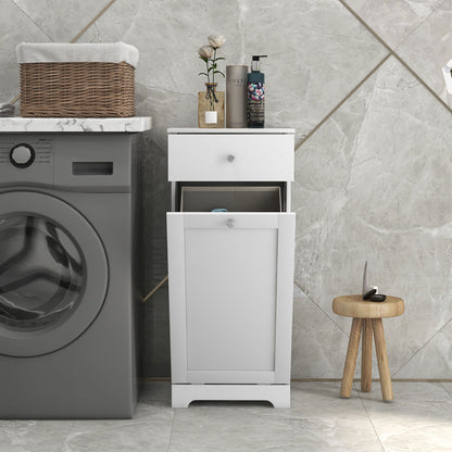 Bathroom Cabinet with Folding Laundry Hamper and Drawer, White