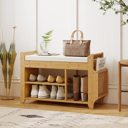 Shoe Bench with Cushioned Seat, Shoe Storage Bench with Side Holder and Boot Section, 2-Tier Natural Bamboo Entryway Rack for Hallway, Living Room, 80 x 30 x 50 cm, Natural and Cream