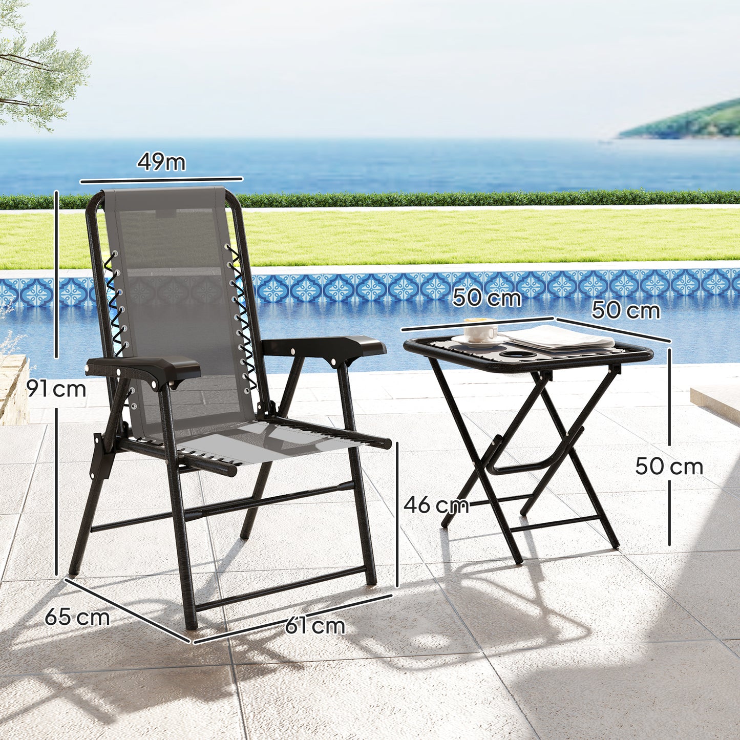 3 Pieces Folding Garden Bistro Set with Cup Holders, Dark Grey