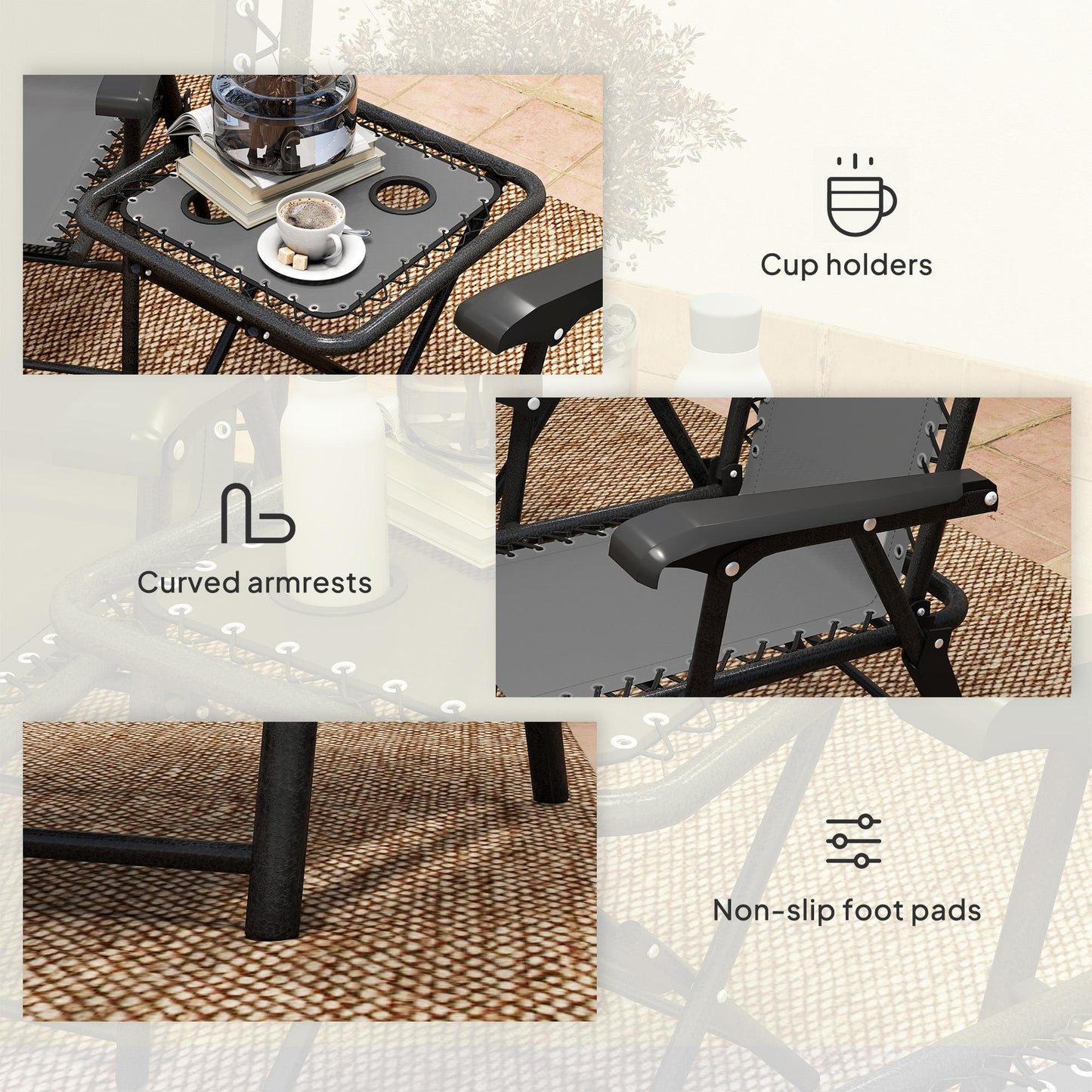 3 Pieces Folding Garden Bistro Set with Cup Holders, Dark Grey