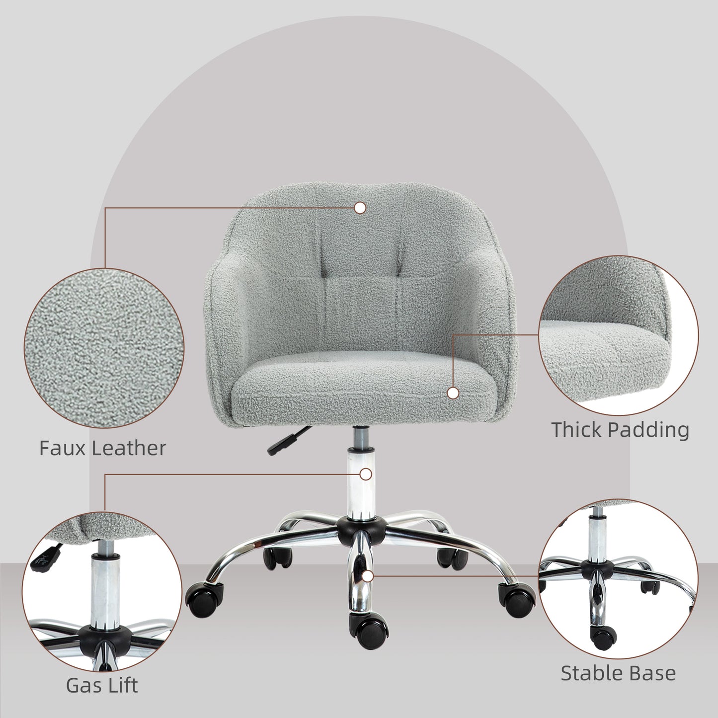 Fluffy Vanity Chair for Desk, with Height Adjustable, Wheels, Grey