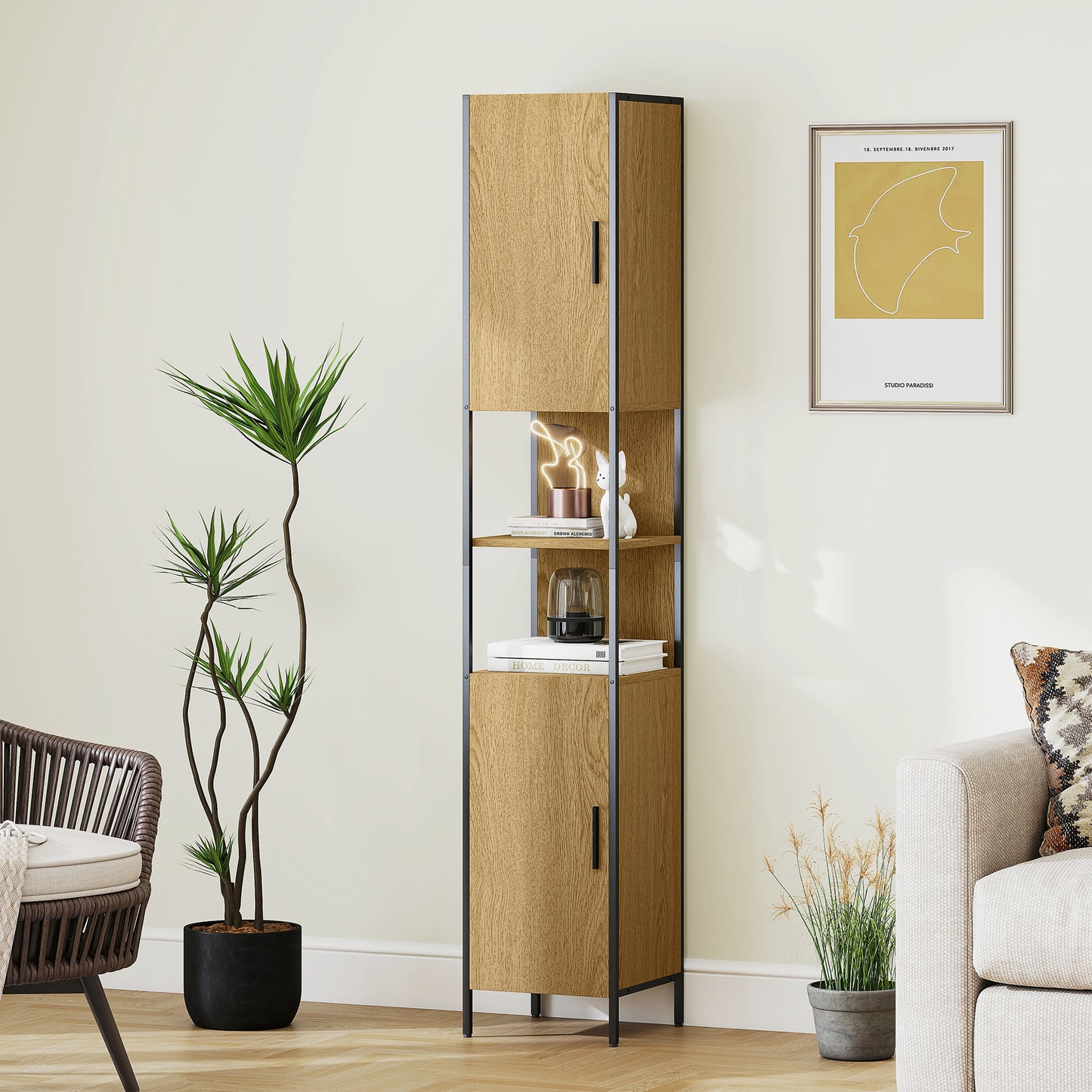 Slim Bathroom Storage Cabinet with 2 Doors Open Compartments Natural
