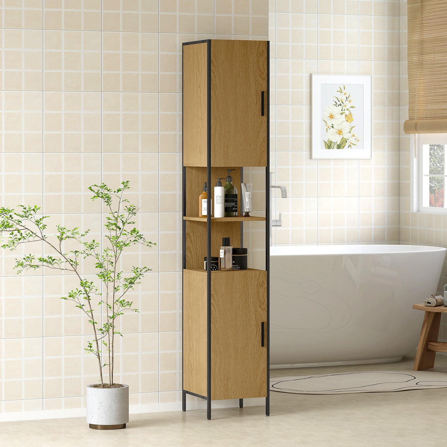 Slim Bathroom Storage Cabinet with 2 Doors Open Compartments Natural