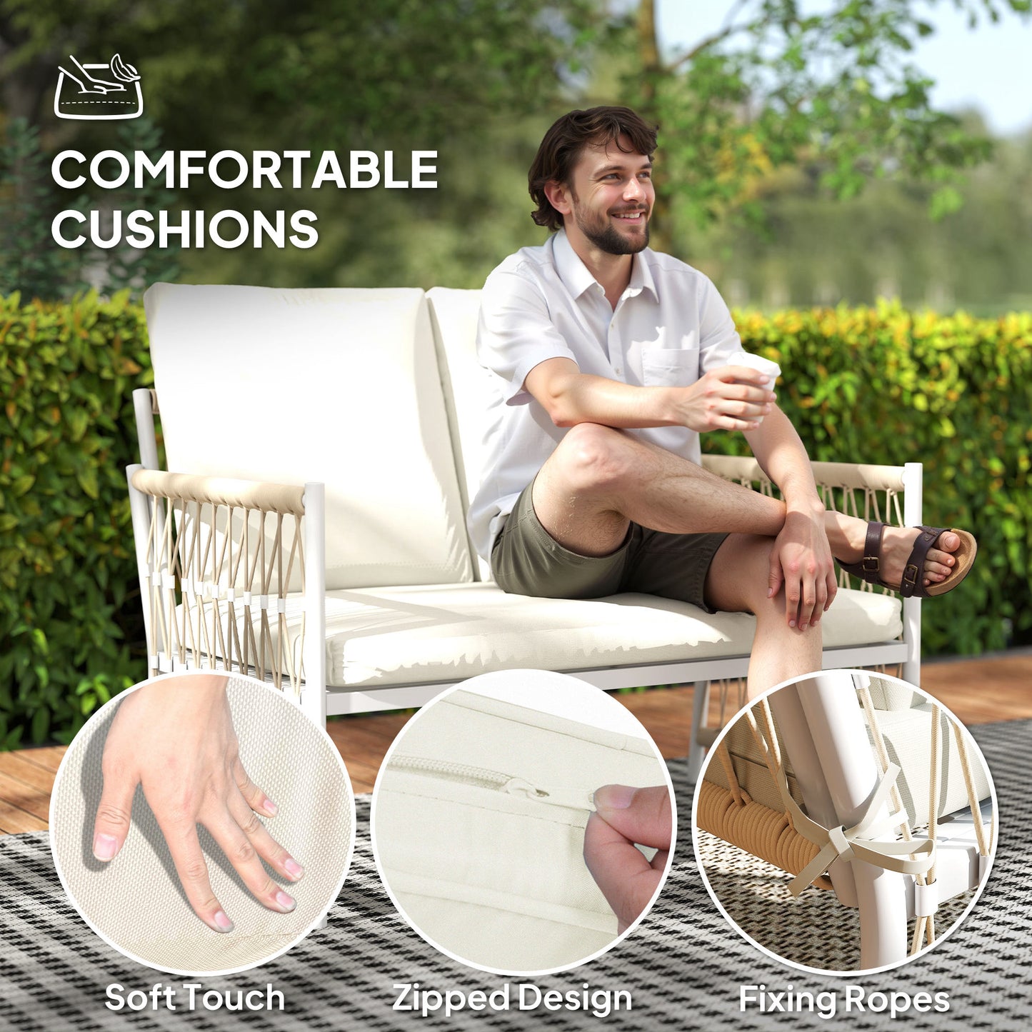 4 Seater Rattan Garden Sofa Set with Glass Top Coffee Table Khaki