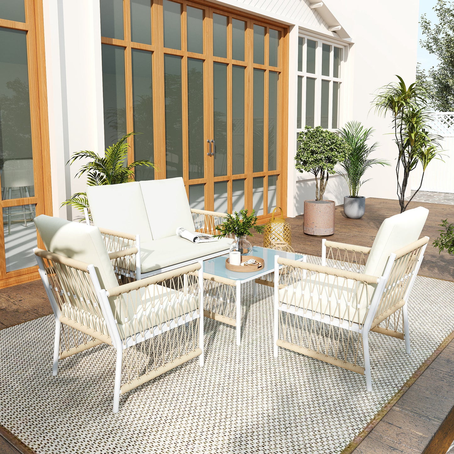 4 Seater Rattan Garden Sofa Set with Glass Top Coffee Table Khaki