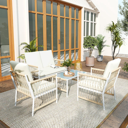 4 Seater Rattan Garden Sofa Set with Glass Top Coffee Table Khaki
