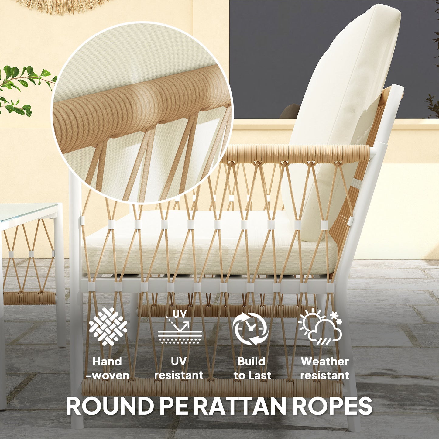 4 Seater Rattan Garden Sofa Set with Glass Top Coffee Table Khaki