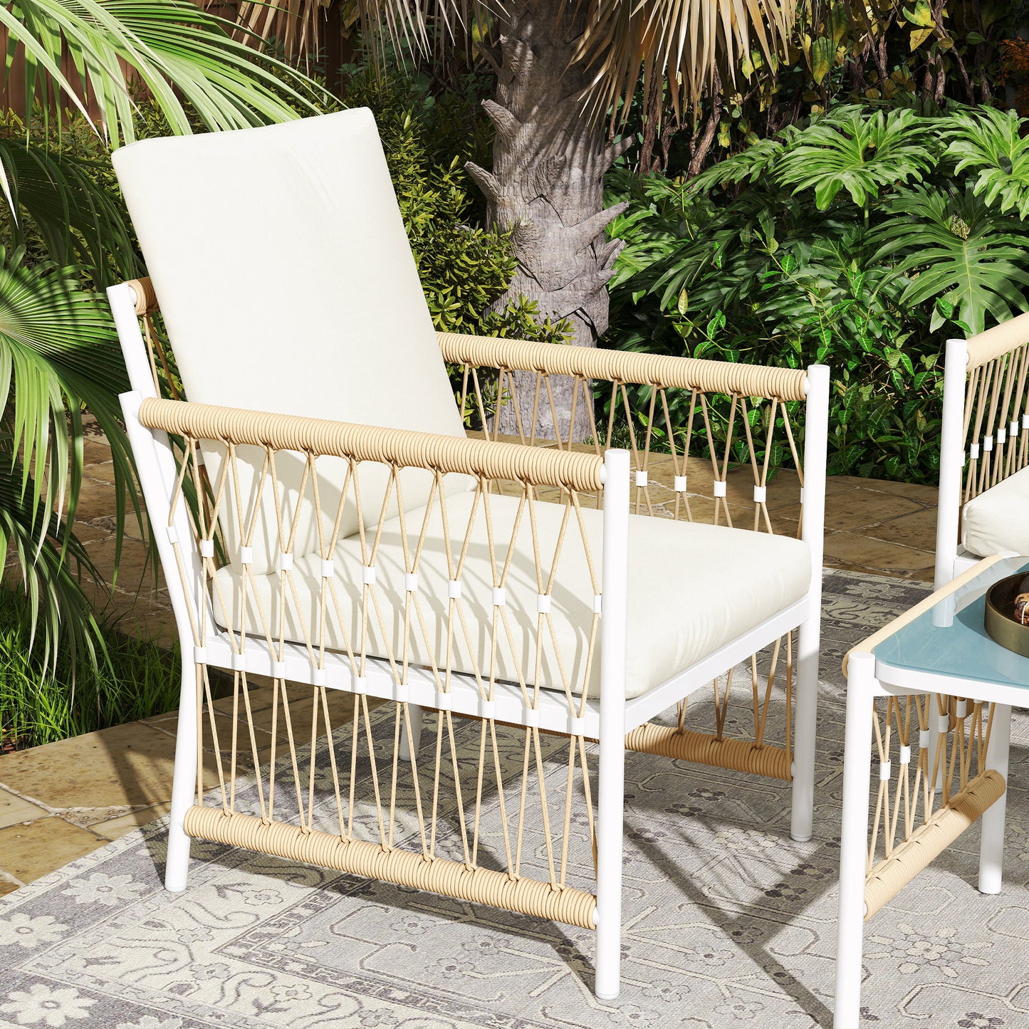 4 Seater Rattan Garden Sofa Set with Glass Top Coffee Table Khaki