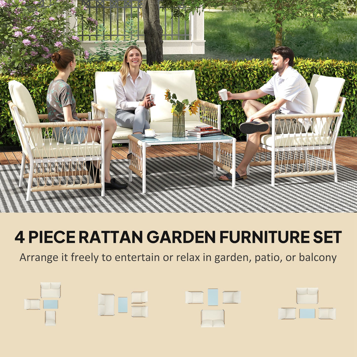 4 Seater Rattan Garden Sofa Set with Glass Top Coffee Table Khaki