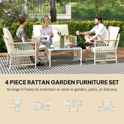 4 Seater Rattan Garden Sofa Set with Glass Top Coffee Table Khaki