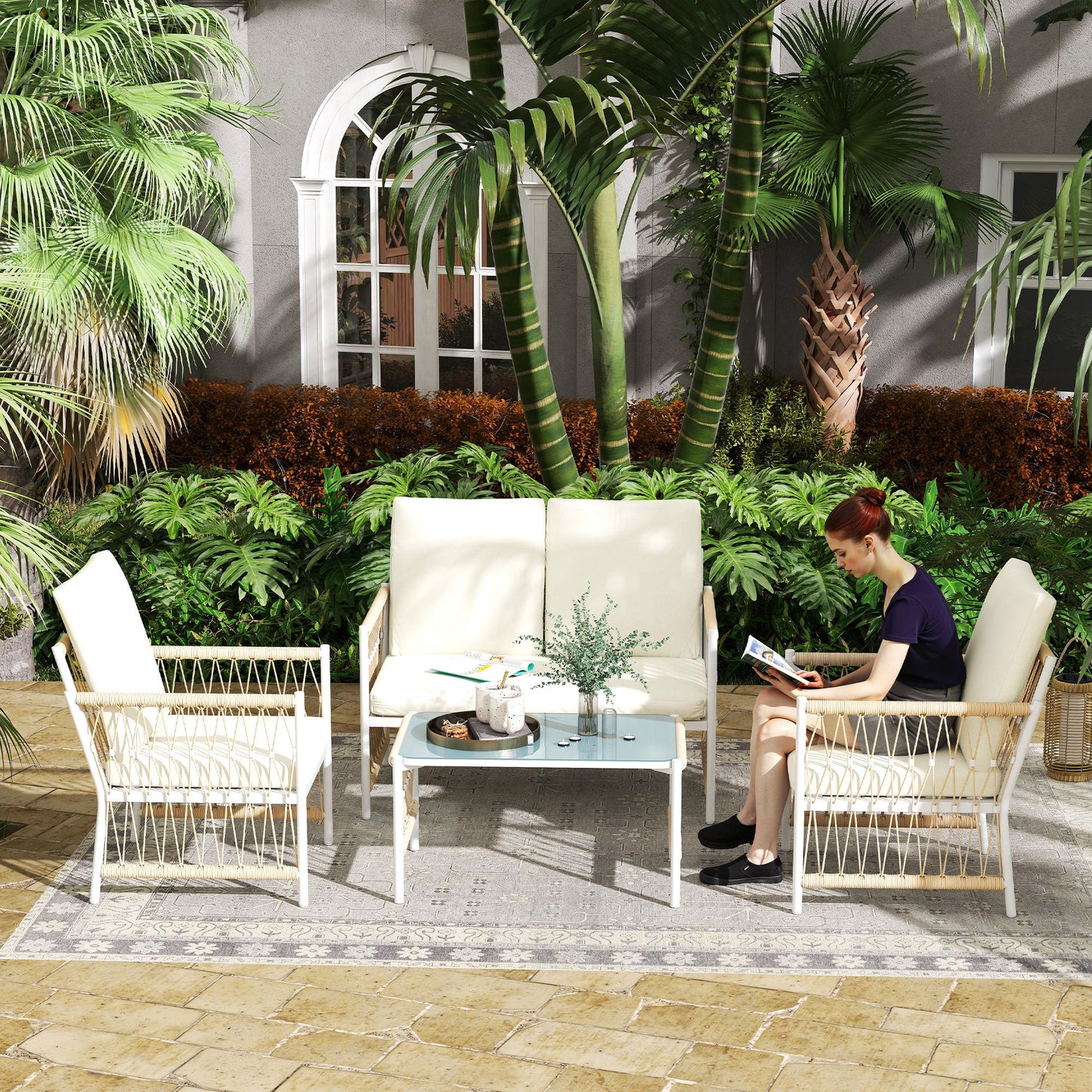 4 Seater Rattan Garden Sofa Set with Glass Top Coffee Table Khaki