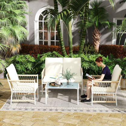 4 Seater Rattan Garden Sofa Set with Glass Top Coffee Table Khaki