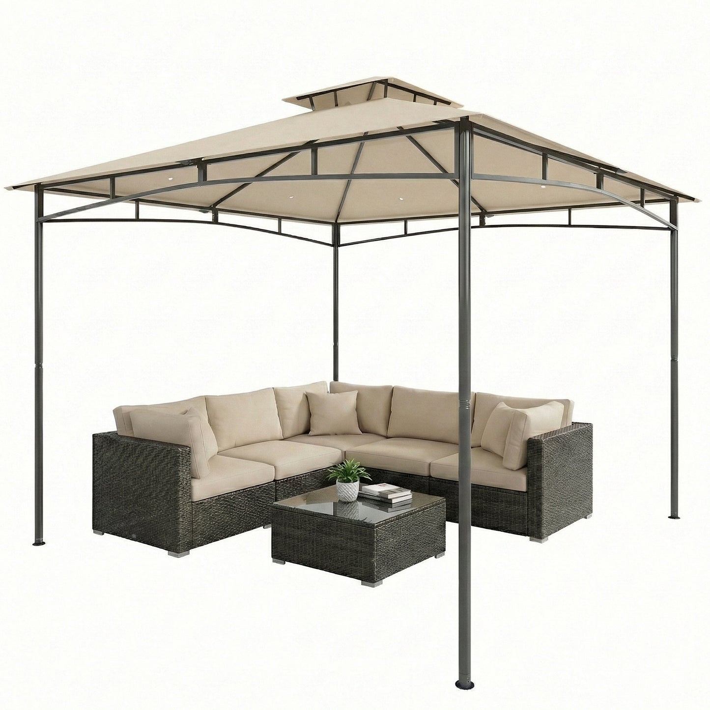 Outsunny 3 x 3 m Gazebo, Outdoor Gazebo Canopy with 2-Tier Roof, Khaki