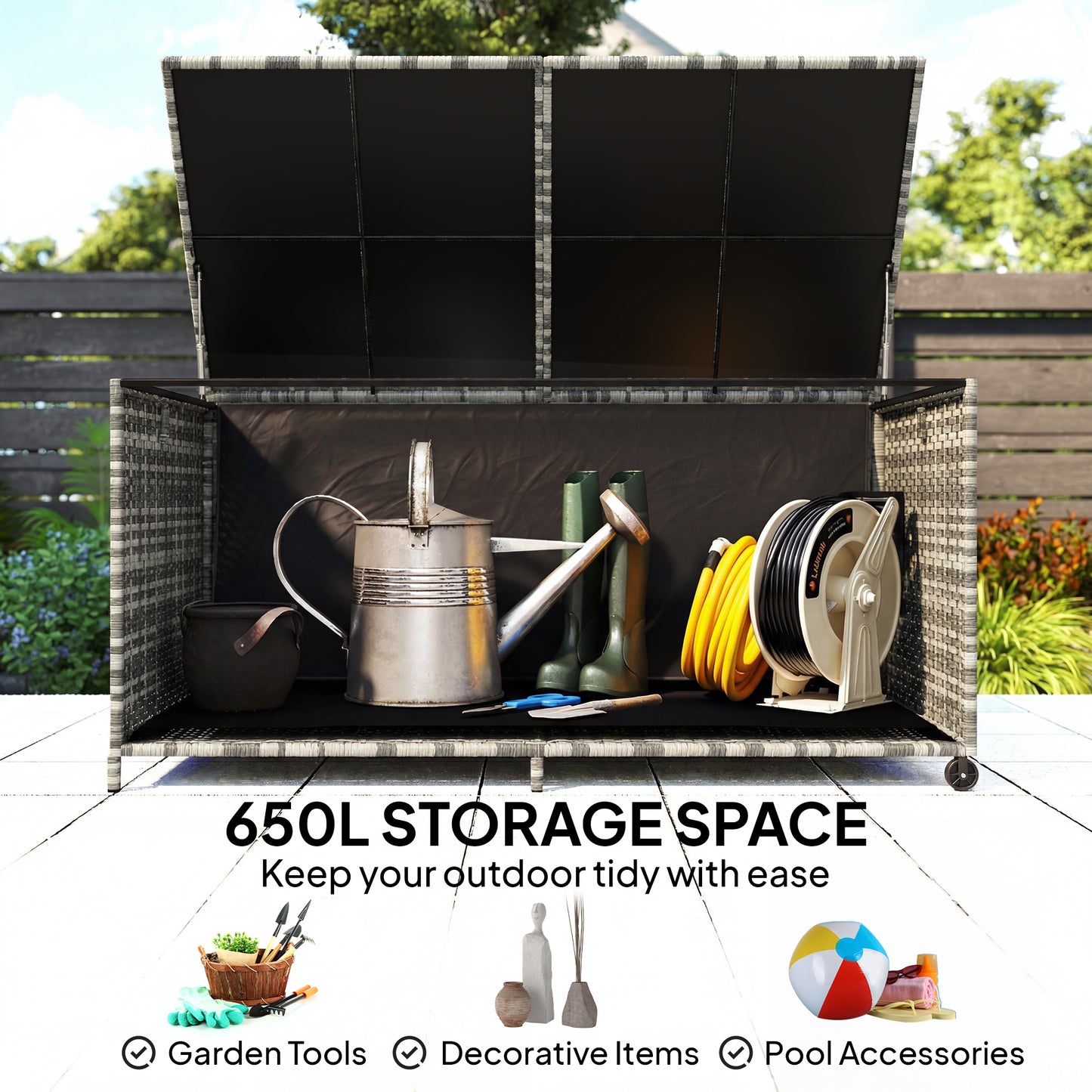 650L Garden Storage Box with Wheels, Waterproof Liner, Mixed Grey