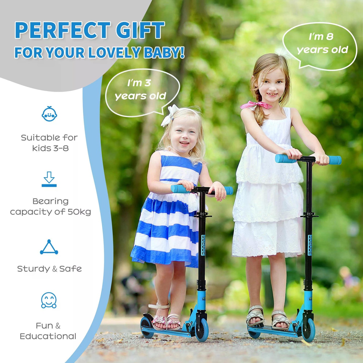 Scooter for Kids Toddler Foldable Kick Scooter with Adjustable Height Brake for Boys and Girls 3-8 Years Aluminium Blue