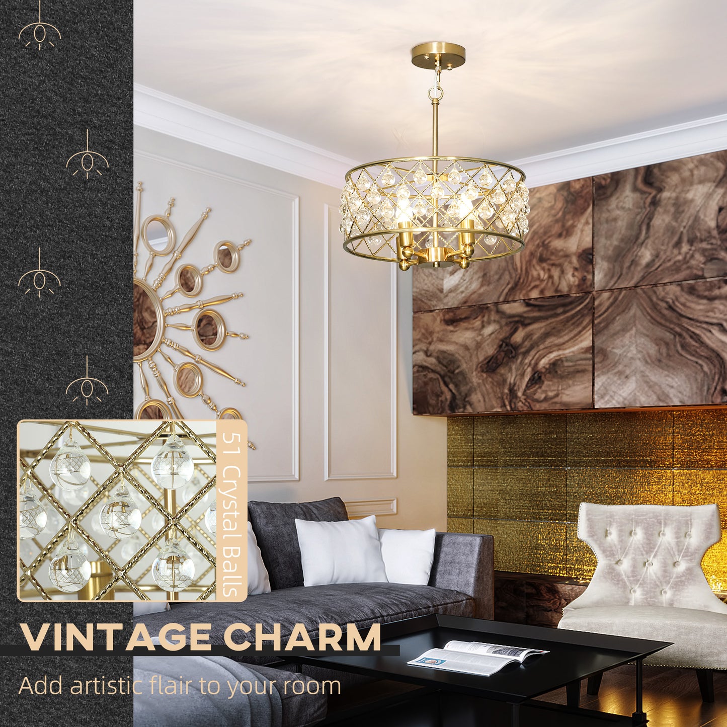 Ceiling Light with Adjustable Height, Modern Crystal Chandelier