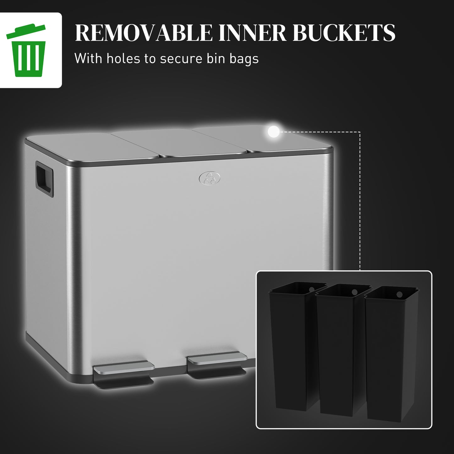 3 x 20L Triple Kitchen Bin Pedal Bin for Recycling and Waste