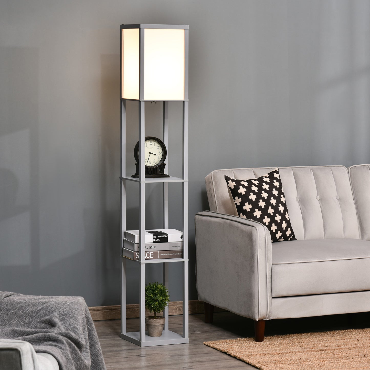 Floor Lamp Reading Lamp with 3-Tier Storage Shelf for Home Office Grey