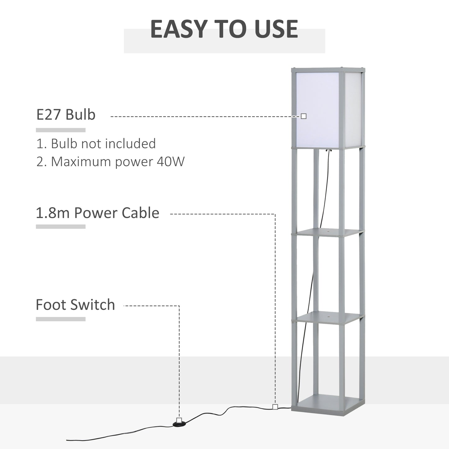 Floor Lamp Reading Lamp with 3-Tier Storage Shelf for Home Office Grey