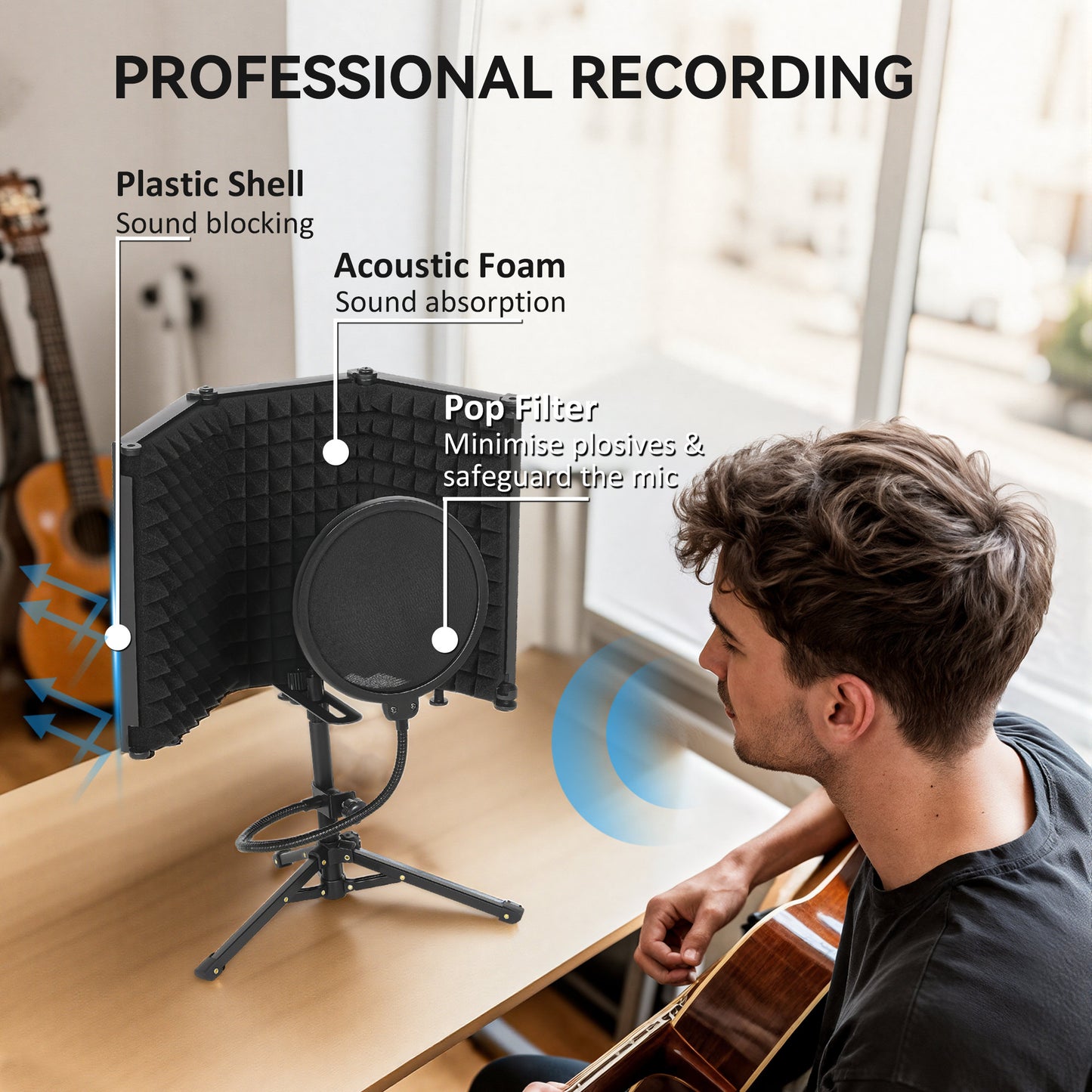 Studio Microphone Isolation Shield with Pop Filter & Stand, Black