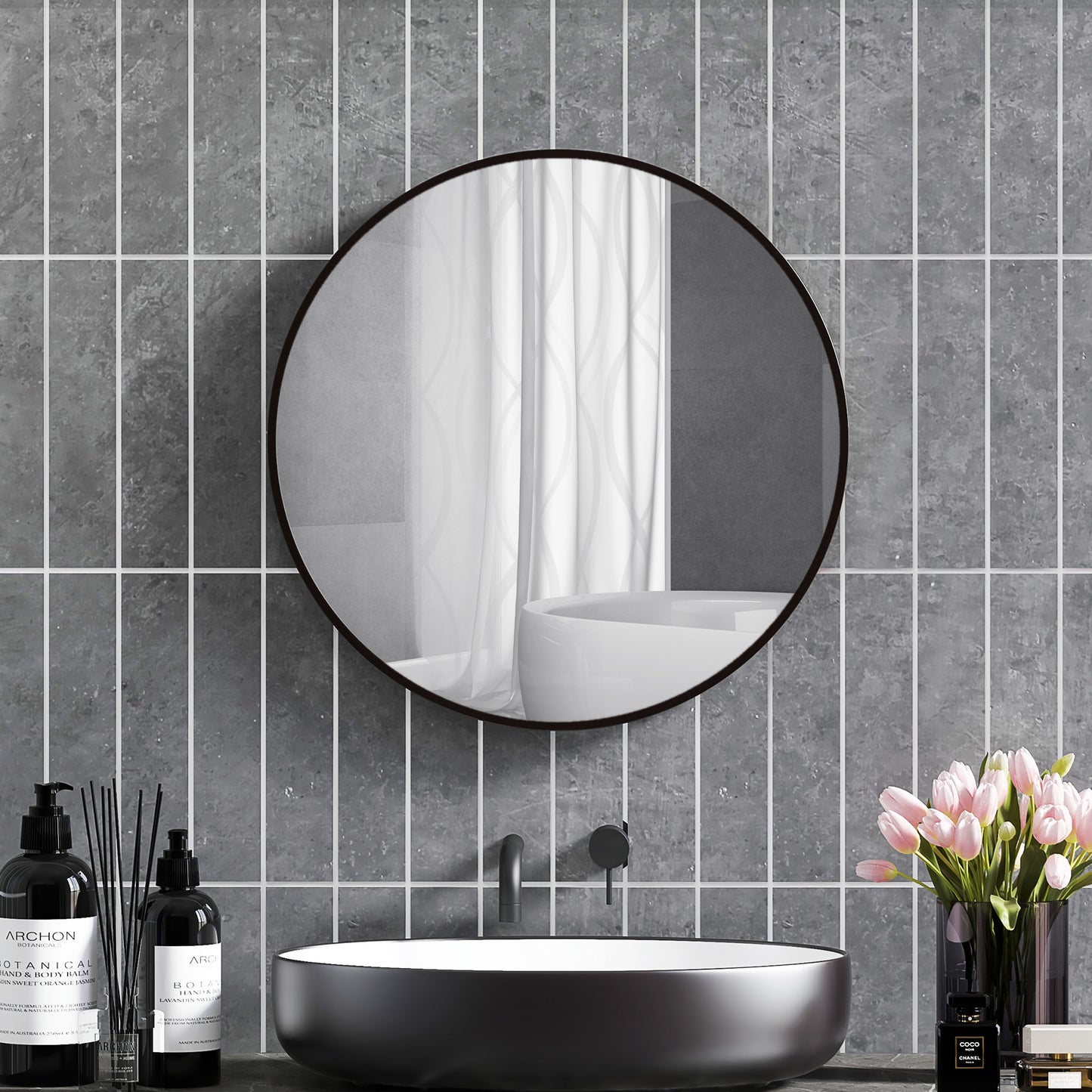 Round Bathroom Mirror, Modern Wall Mirror Aluminium Frame, 70 x 70cm