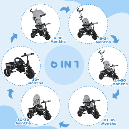 6 in 1 Kids Trike, Stroller with Parent Handle, Grey