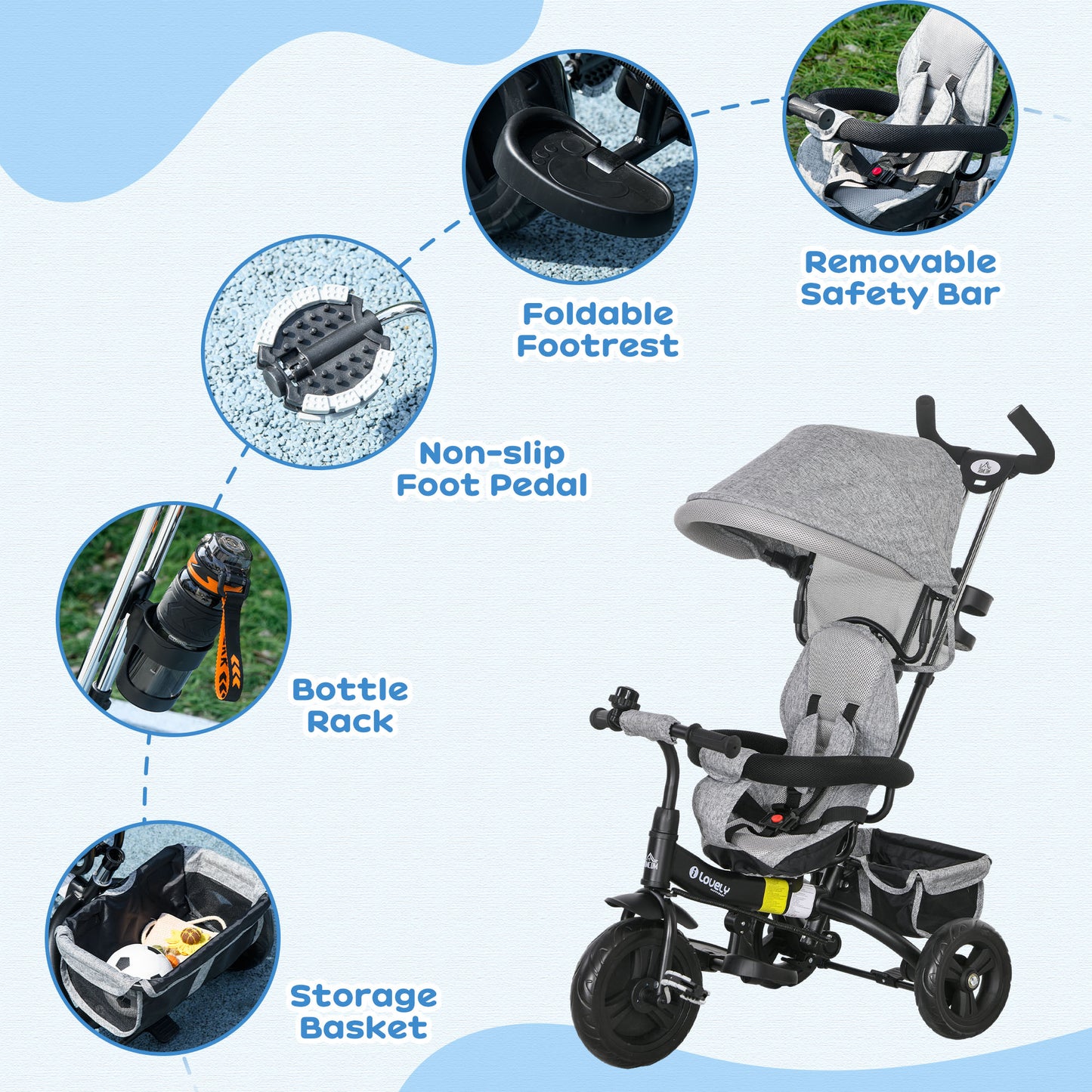 6 in 1 Kids Trike, Stroller with Parent Handle, Grey