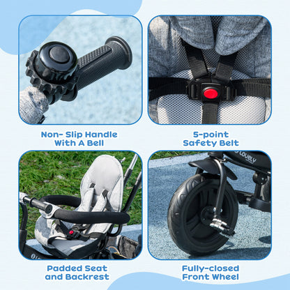 6 in 1 Kids Trike, Stroller with Parent Handle, Grey