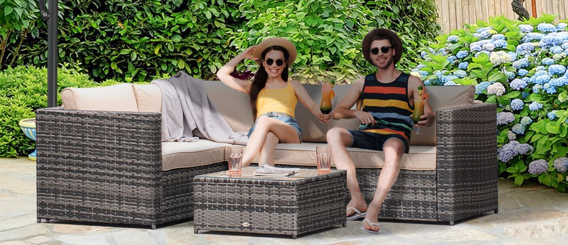 3Pcs Rattan Garden Furniture 4 Seater Outdoor Patio Corner  Chair Set with Coffee Table Thick Cushions, Beige