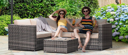 3Pcs Rattan Garden Furniture 4 Seater Outdoor Patio Corner  Chair Set with Coffee Table Thick Cushions, Beige