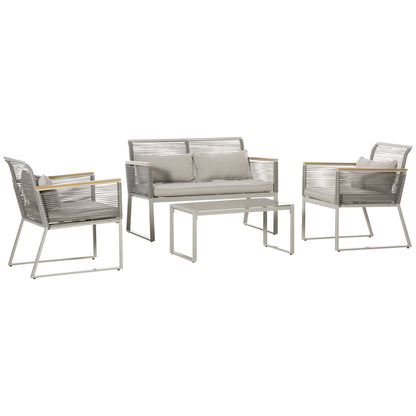 4-Seater Patio Wicker Sofa Set, Outdoor Metal Frame Wrapped Round PE Rattan Conservatory Furniture w/ Cushions, Tempered Glass Table, Grey