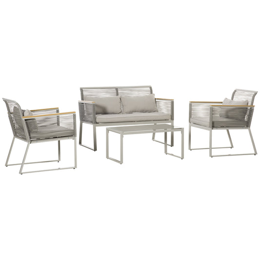 4-Seater Patio Wicker Sofa Set, Outdoor Metal Frame Wrapped Round PE Rattan Conservatory Furniture w/ Cushions, Tempered Glass Table, Grey