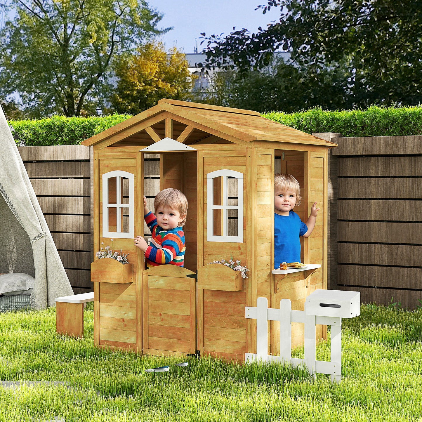 Wooden Outdoor Playhouse w/ Door Windows Bench for Kids Children