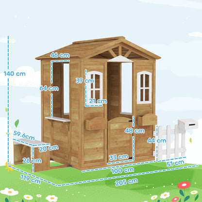 Wooden Outdoor Playhouse w/ Door Windows Bench for Kids Children