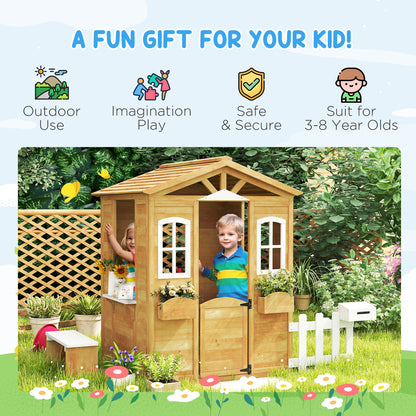 Wooden Outdoor Playhouse w/ Door Windows Bench for Kids Children