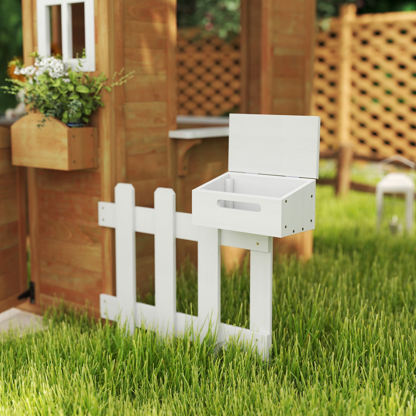 Wooden Outdoor Playhouse w/ Door Windows Bench for Kids Children