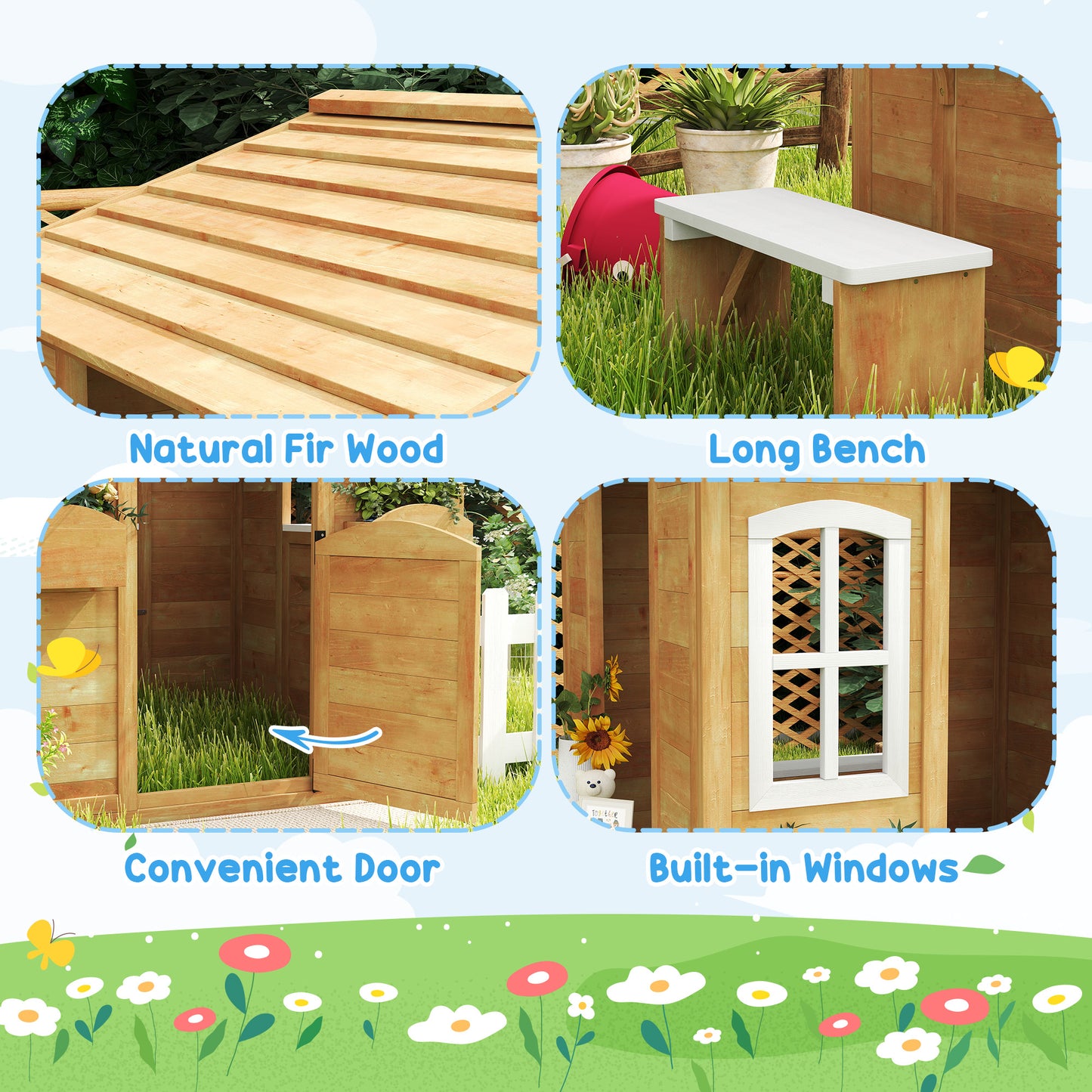 Wooden Outdoor Playhouse w/ Door Windows Bench for Kids Children