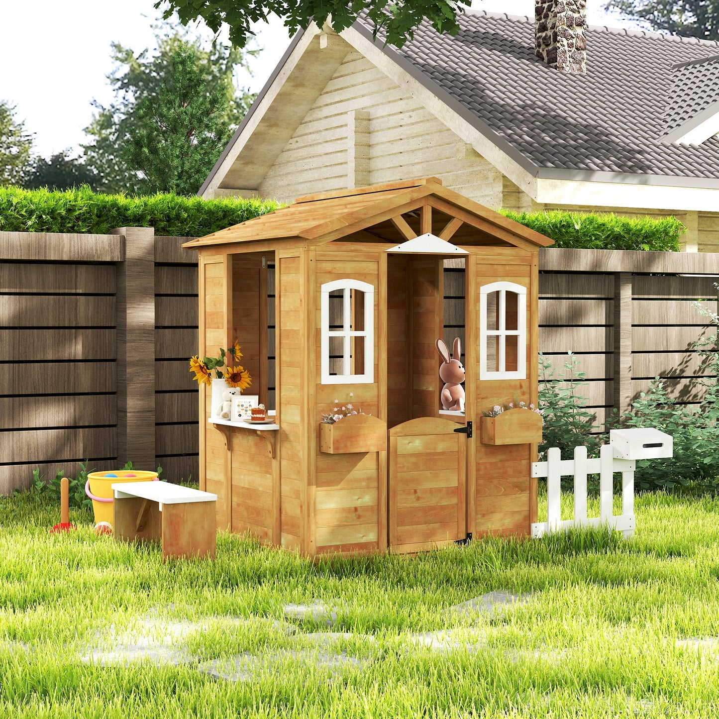 Wooden Outdoor Playhouse w/ Door Windows Bench for Kids Children